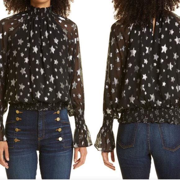 Ramy Brook Stassi Silk Blend Metallic Star Print Mock Neck Blouse - Picture 4 of 10